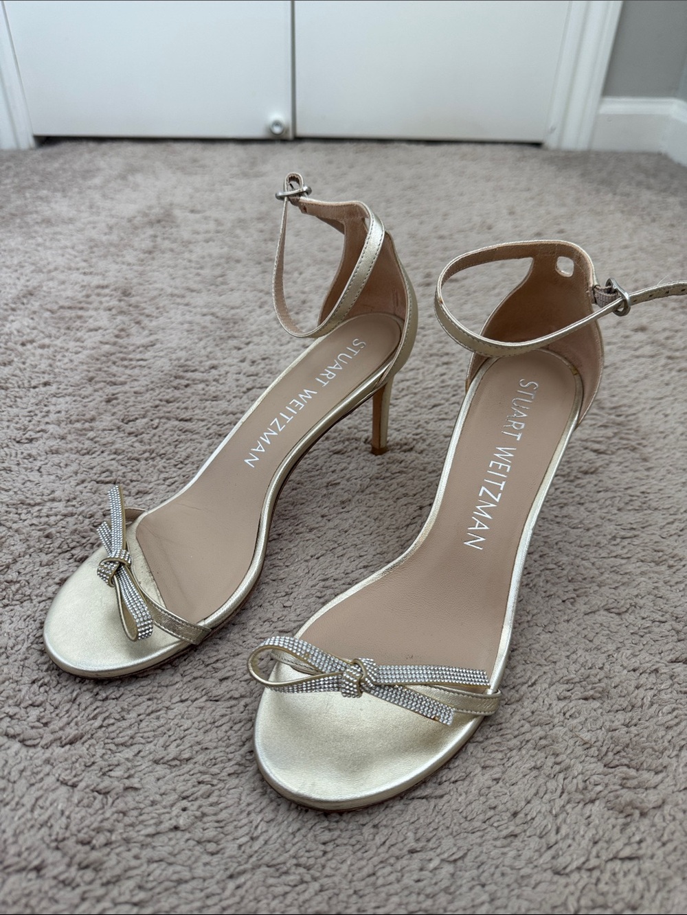 Stuart Weitzman Metallic Gold Bow-Ankle Strap Heels